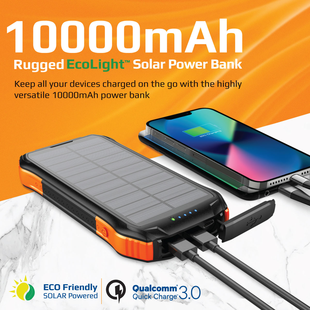 10,000mAh, Wireless Solar Power Bank