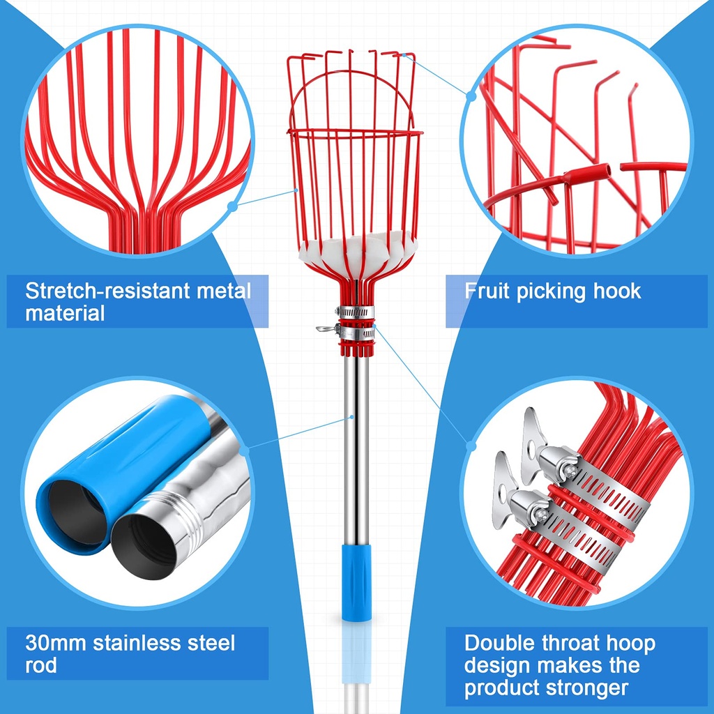 Fruit Picker Tool Lightweight Stainless Steel Adjustable Fruit Picker with Big Basket