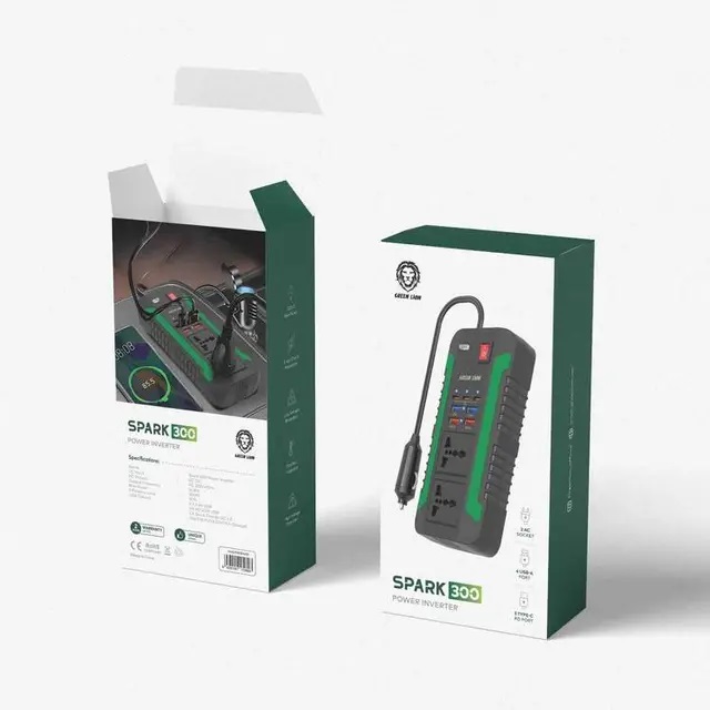 Green Lion Spark 300 Power Inverter | 300W Power | Ultra Fast Charging | Premium Safety Systems for Protection | 2x AC Socket | 4x USB-A Port | 3x Type-C PD Port | Unique Design | 2 Years Warranty | GNSPI300WAT |
