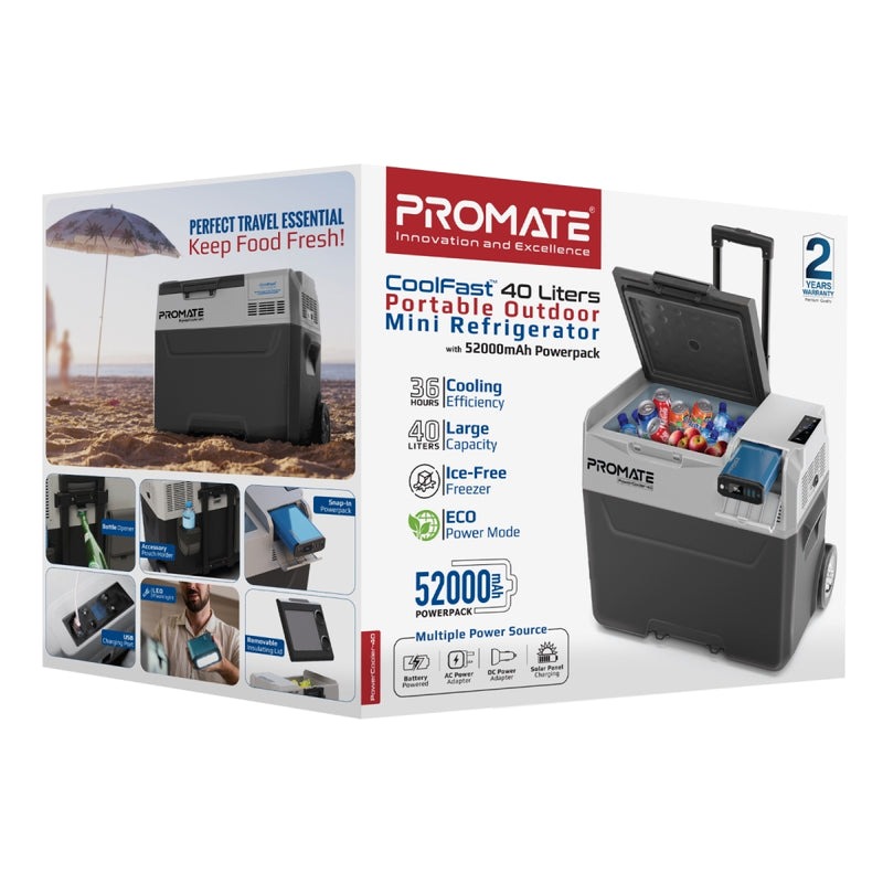 Promate Portable Outdoor Mini Refrigerator with 52000mAh Powerbank | 12H Long-Lasting Battery | Adjustable Cooling Options | Multiple Power Sources | 40L Large Capacity | PowerCooler-40 |