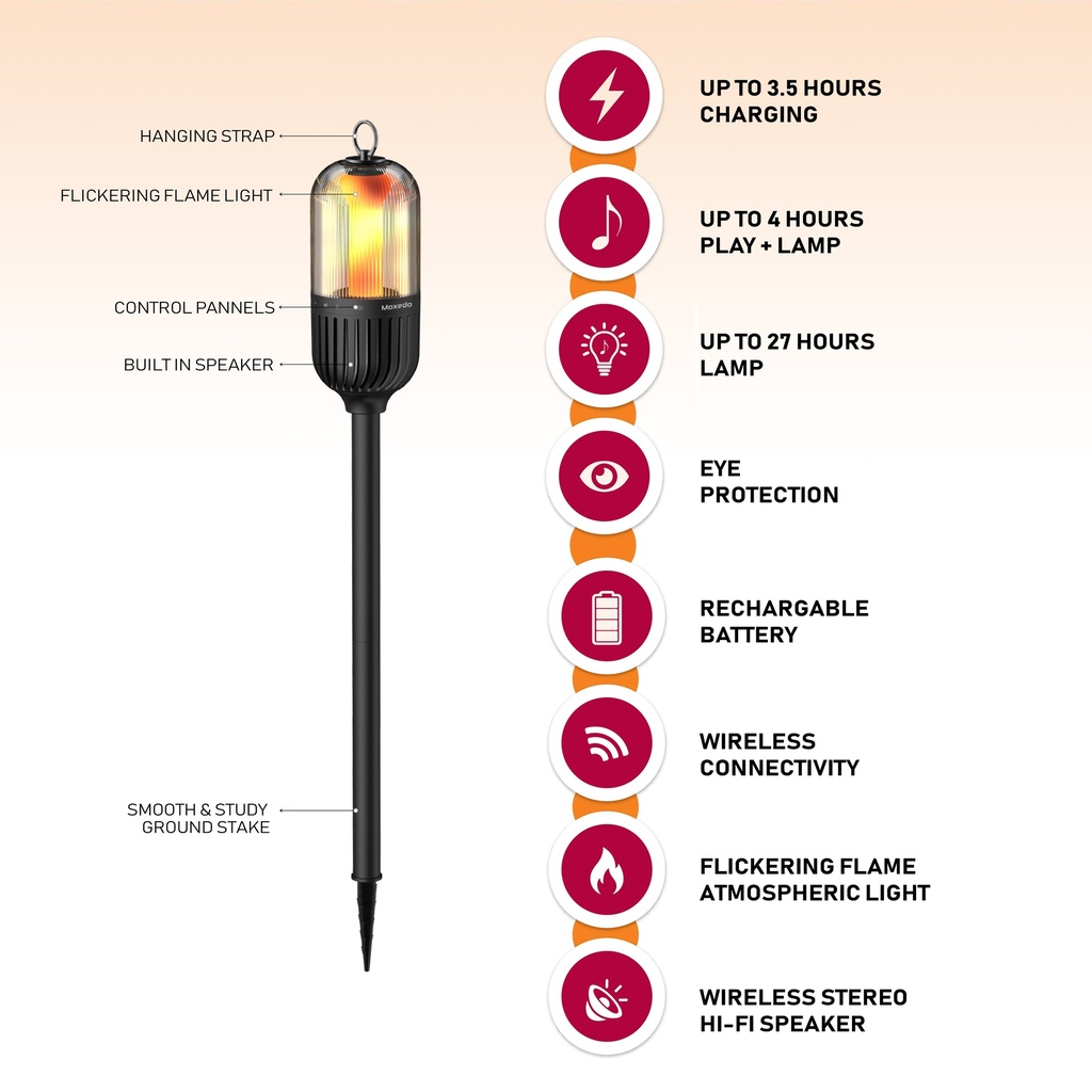 Portable Outdoor 5W LED Flickering Flame Torch Wireless Speaker with Pole and Ground Stake | MX-OS021 |