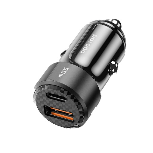 Porodo 50W Dual Port Car Charger PD 20W QC 30W with C to L Cable - Black | PD-CC50WL-BK |