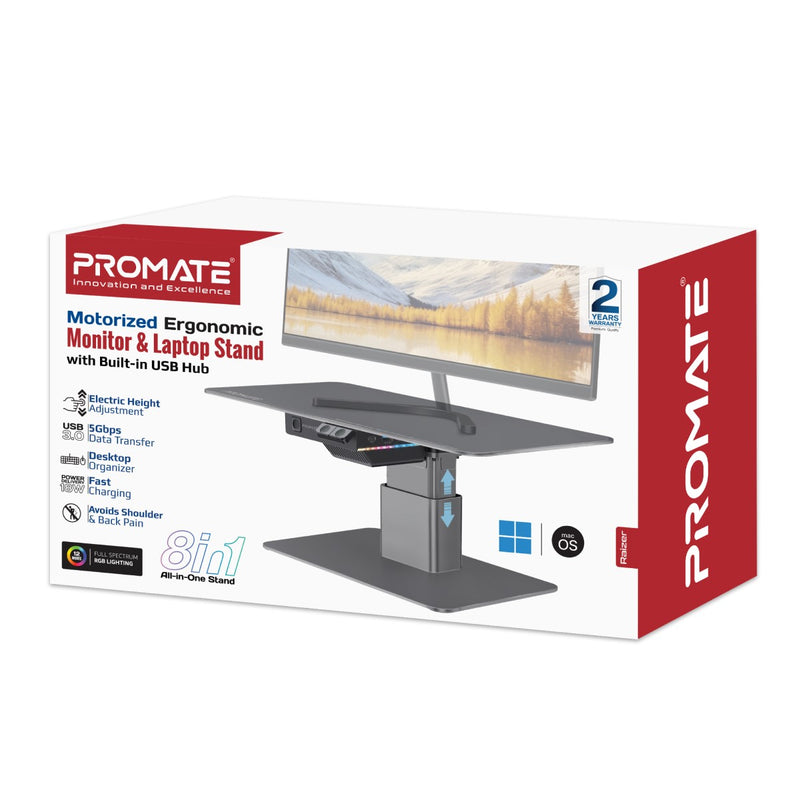 Promate Motorized Ergonomic Monitor & Laptop Stand with Built-In USB Hub | Raizer |