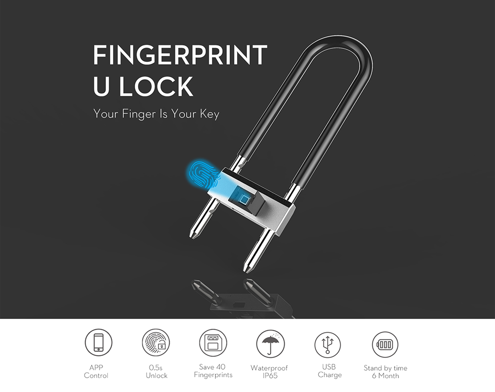 Smart U Type Padlock, Portable Anti-Theft Biometric Fingerprints IP65 Waterproof USB Bluetooth U-Shaped Lock Deadbolts for Car Bike Motorcycle