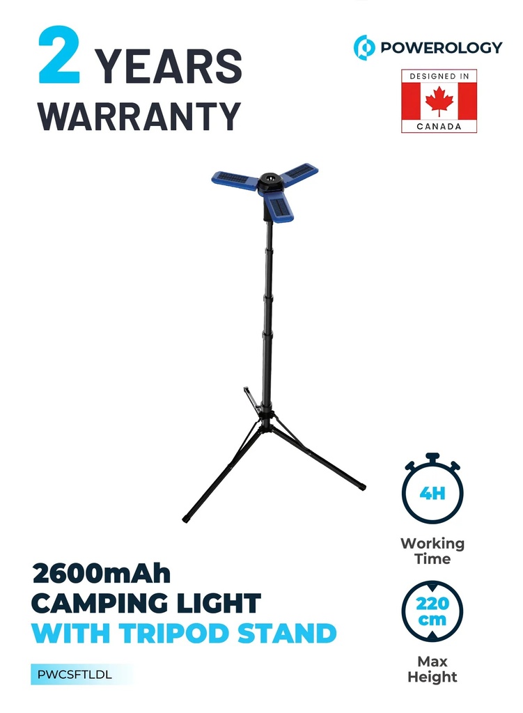 Powerology 2600mAh Camping Light with Tripod Stand 4 Modes Magnetic Head IPX4 Waterproof and Solar Charging |PWCSFTLDL|