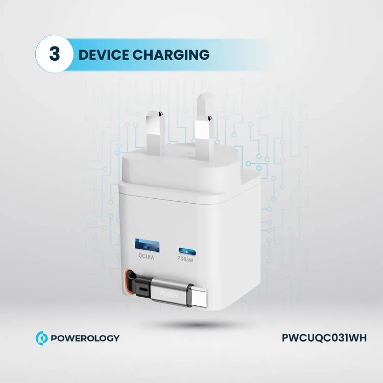 Powerology Dual Port Retractable GaN Charger 65W Fast Charging USB C & USB A Ports 3 Device Charging 75cm Retractable Cable Fireproof Design |PWC031||PWCUQC031|