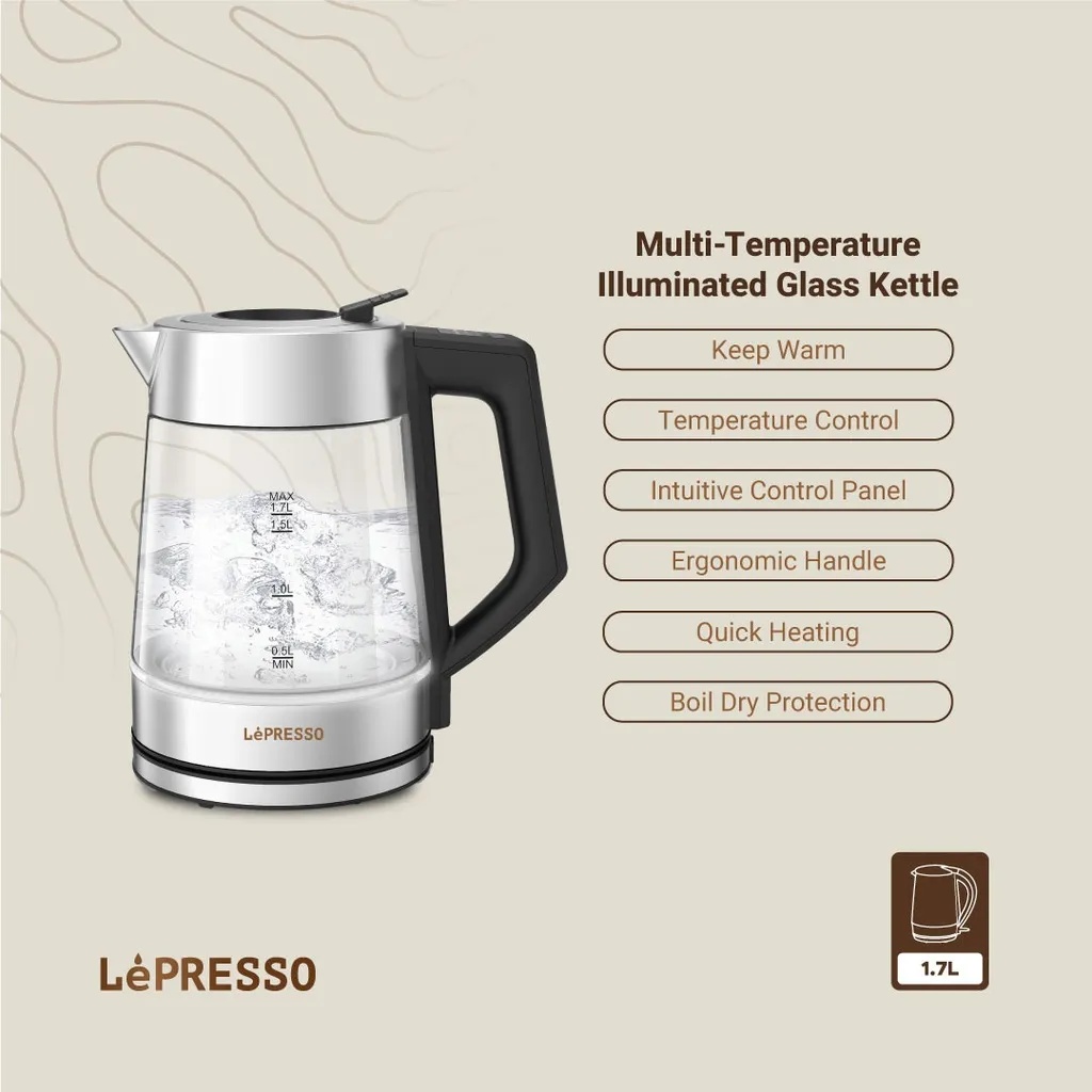 LePresso Multi Temperature Illuminated Glass Kettle 1.7L 50 to 100°C Temp Control Boil Dry Protection Keep Warm Function Quick Heating |LP008||LPCFFM0008-BK|