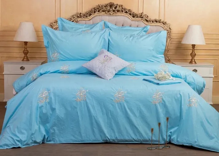 Glinens Sea Moss Egyptian Cotton Bed Set 100% Percale 400 Thread Count Embroidered Duvet Cover Set Durable & Soft Touch Comfort - Blue