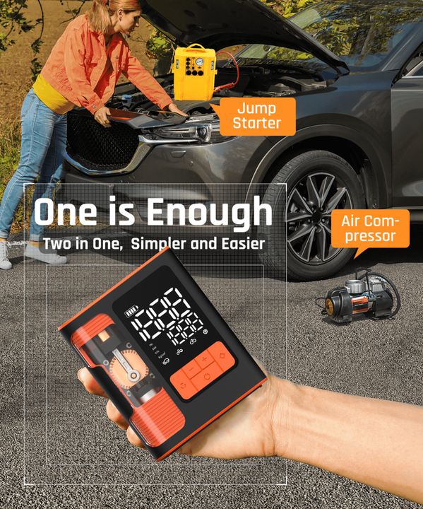 7MD Multifunctional Tire Inflator Jump Starter Strong Inflation Emergency Power Supply USB A Charging Digital Display 8800mAh/12000mAh Capacity 150PSI Max Pressure