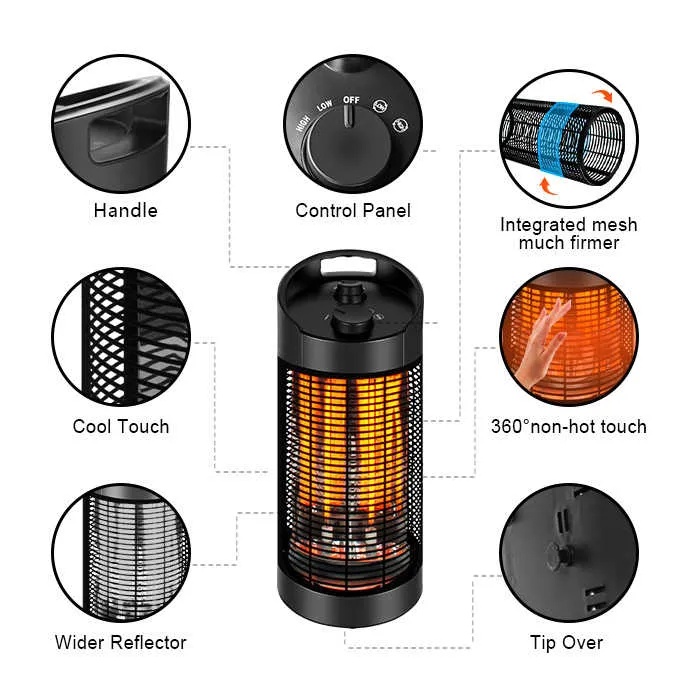 7MD Small Heater 120°/360° Oscillation 2 Heat Levels Infrared Carbon Fiber Tubes High Efficiency 1.8M Power Cord |7MD-55|