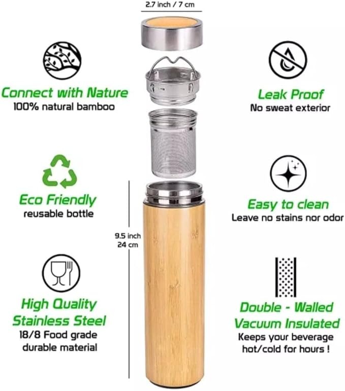 Ghaith and Qalby Etmaan Eco Friendly Bamboo Tumbler Tea Infuser Stainless Steel Thermos Leak Proof Travel Mug 500ml