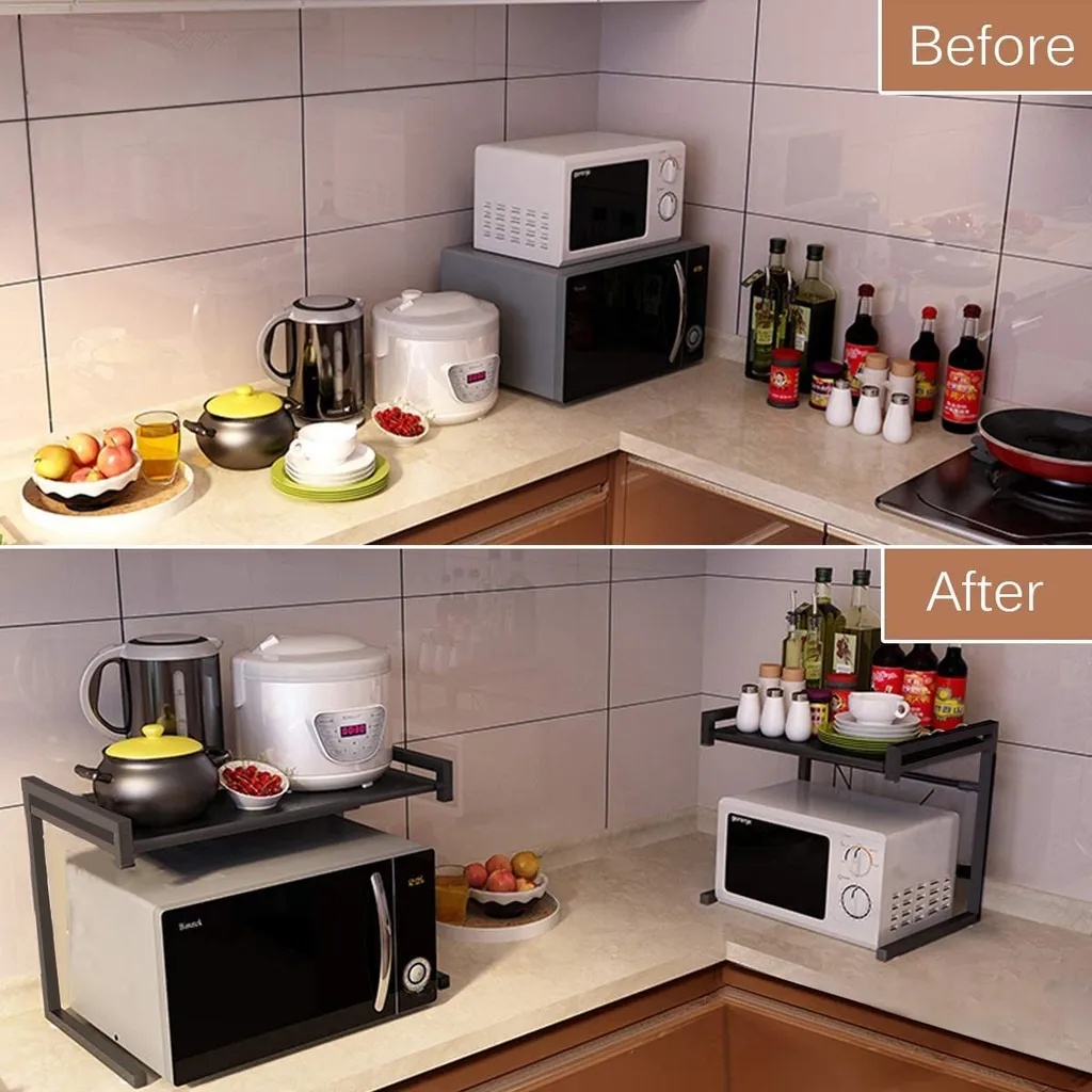 🚨 DISPLAY PIECE 🚨 GEMITTO Expandable Microwave Oven Rack, Horizontal Extension Microwave Shelf Stand Kitchen Counter Top Organizer, 2-tier with 3 Hooks, 55lbs Load Bearing, 15.8~23.6"x14.2"x16.5" for Oven Toaster 🚨 Without box 🚨
