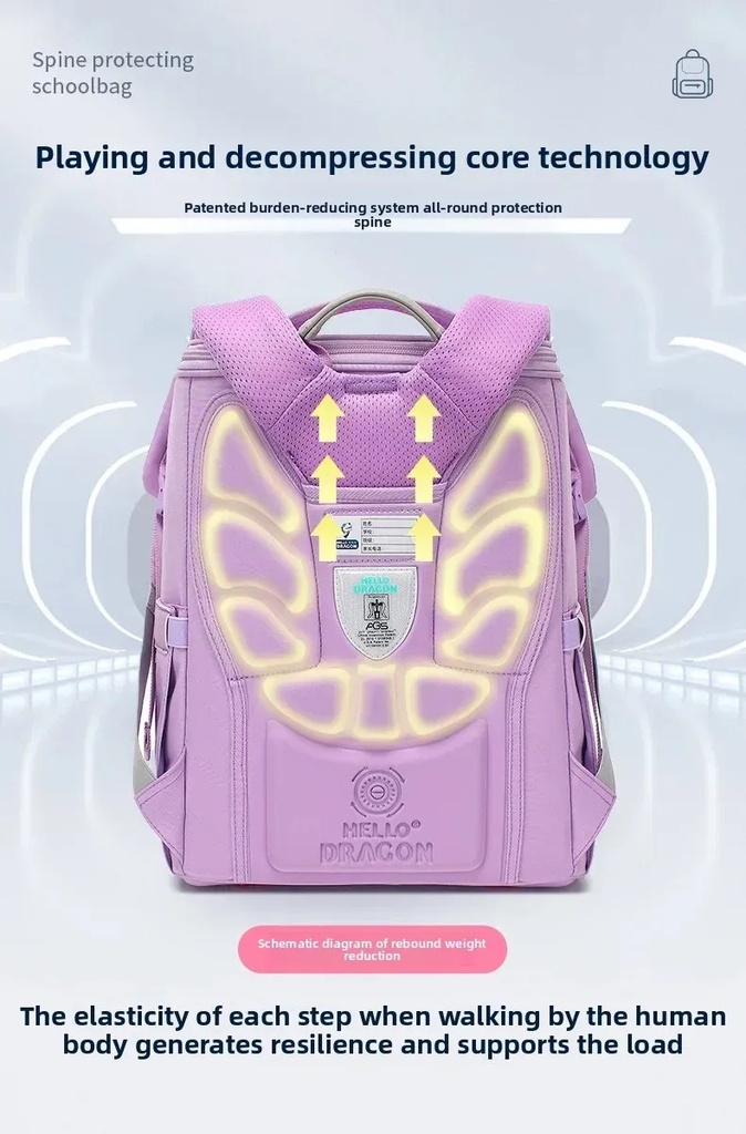 Hello Dragon Elementary School Student Backpack | Boys & Girls Lightweight Dual-Shoulder Bag with Spine Protection | Nylon Polyester Ridge Support | Suitable for Grades 1–6 | NPB23051L |
