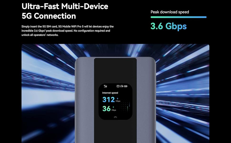 5G Mobile WiFi Pro 5 Router, 3600Mbps, WiFi AX3600, AMOLED Touch Screen Display, Wi-Fi 6 Plus Technology, 5G Connectivity, 7000mAh Battery, Power Bank Function, Space Grey Model:E6888-982