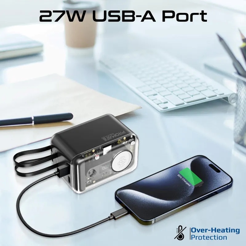 PROMATE 65WPD 20000mAh Power Bank – Transparent Design, Multi-Device Charging, Built-in USB-C & Lightning Cables | Mavrix-20 |