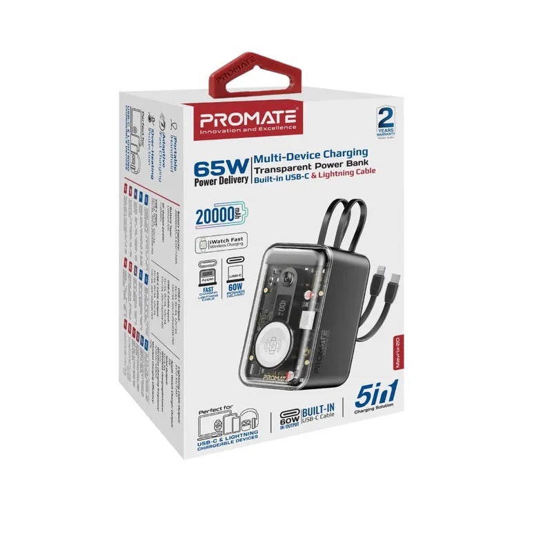 PROMATE 65WPD 20000mAh Power Bank – Transparent Design, Multi-Device Charging, Built-in USB-C & Lightning Cables | Mavrix-20 |