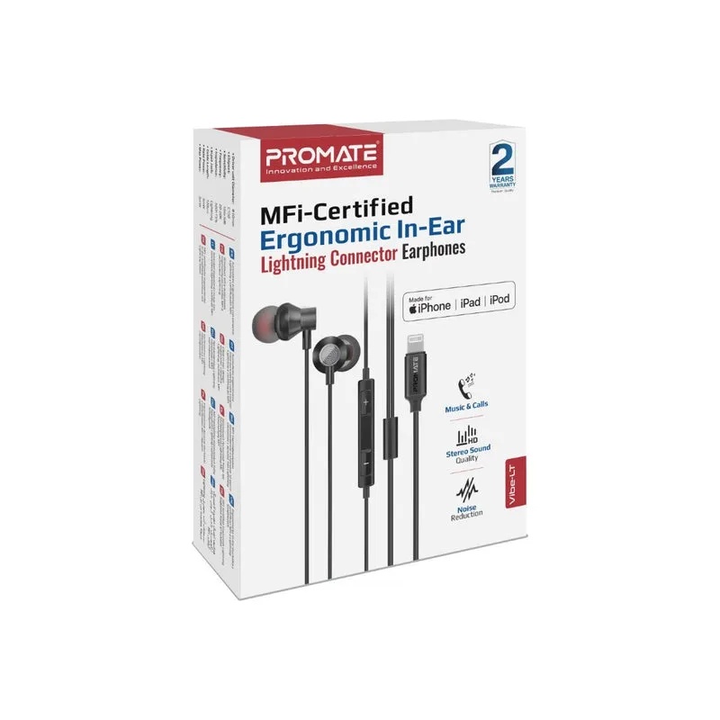 PROMATE Lightning Earphones – MFi Certified, Ergonomic In-Ear Design, 10mm Drivers, HD Sound | Vibe-LT |
