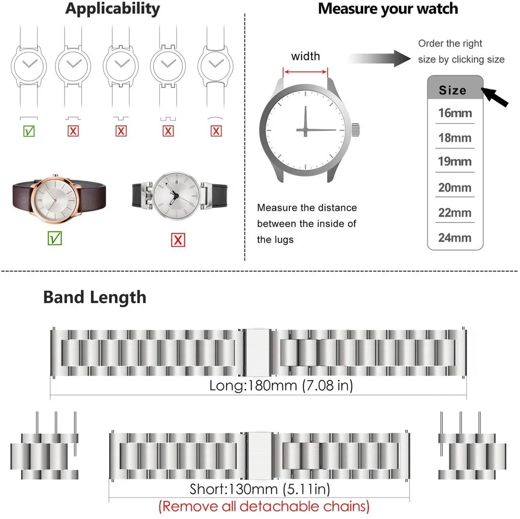 Universal Stainless Steel Watch Strap for 7MD Watch – Quick Release Band, 304 Steel Link Bracelet, Available in 16mm / 18mm / 20mm / 22mm / 24mm Sizes |