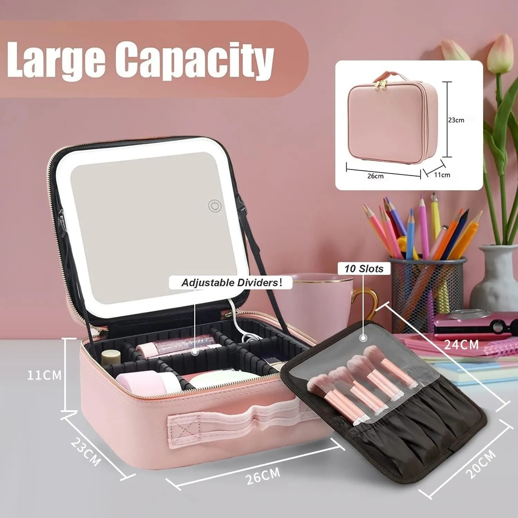 Makeup Organizer Travel Bag – Built-in LED Mirror, Compact & Portable Design