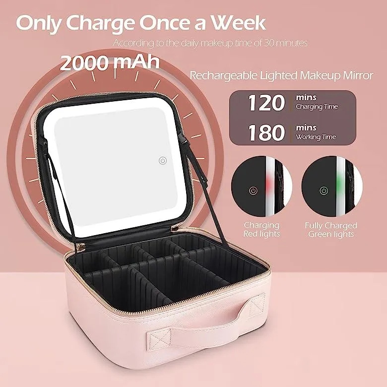 Makeup Organizer Travel Bag – Built-in LED Mirror, Compact & Portable Design