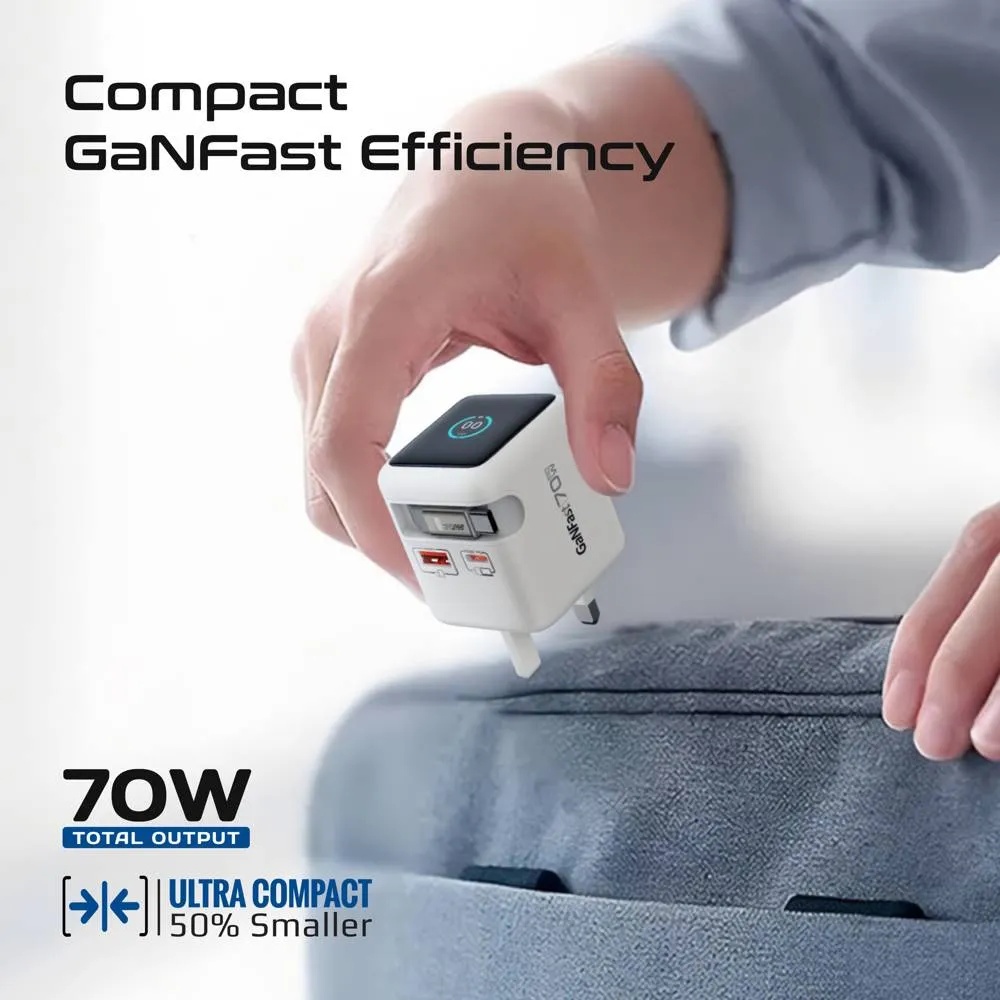 PROMATE 70W GaNFast Charger – Adaptive Fast Charging, Built-in Retractable USB-C Cable | Cubix-R70 |