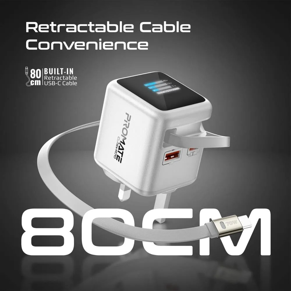 PROMATE 70W GaNFast Charger – Adaptive Fast Charging, Built-in Retractable USB-C Cable | Cubix-R70 |