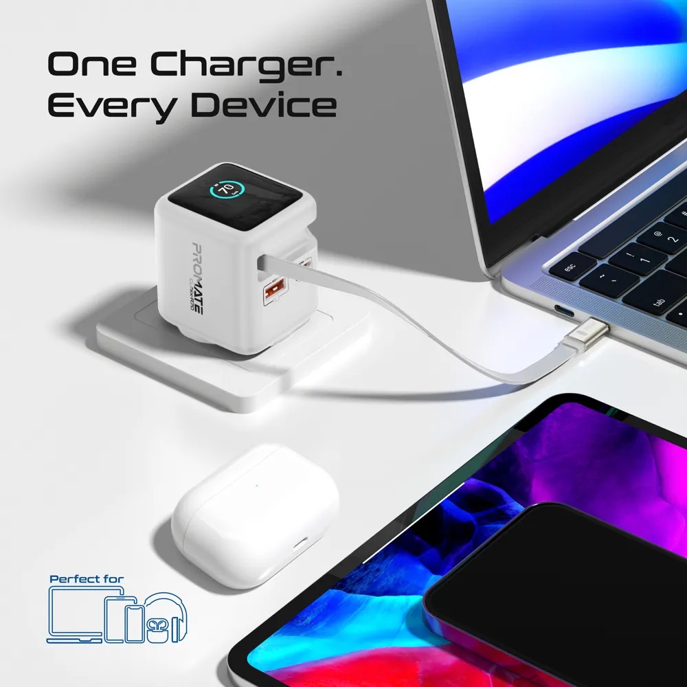PROMATE 70W GaNFast Charger – Adaptive Fast Charging, Built-in Retractable USB-C Cable | Cubix-R70 |