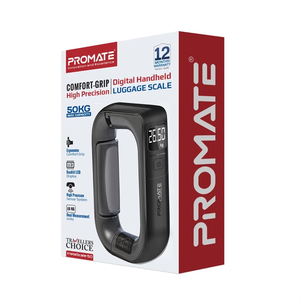 PROMATE Digital Handheld Luggage Scale – Comfort-Grip Design, High Precision, 50kg Max Capacity | Instascale-50 |