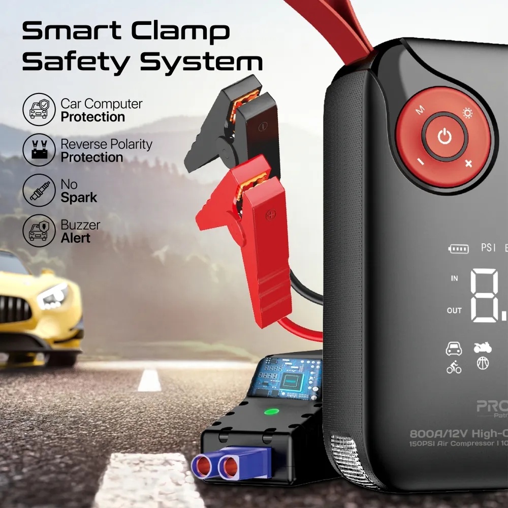 Promate 4-in-1 Emergency Car Jump Starter – 800A Peak Current, 150PSI Air Compressor, 10000mAh Power Bank, Dual USB & Type-C Ports, LED Flashlight | PatrolPack‑4 |