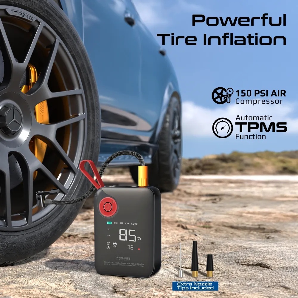 Promate 4-in-1 Emergency Car Jump Starter – 800A Peak Current, 150PSI Air Compressor, 10000mAh Power Bank, Dual USB & Type-C Ports, LED Flashlight | PatrolPack‑4 |