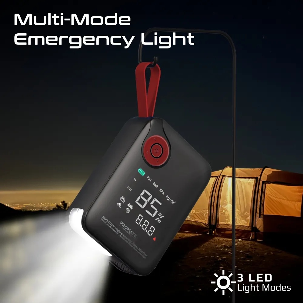 Promate 4-in-1 Emergency Car Jump Starter – 800A Peak Current, 150PSI Air Compressor, 10000mAh Power Bank, Dual USB & Type-C Ports, LED Flashlight | PatrolPack‑4 |