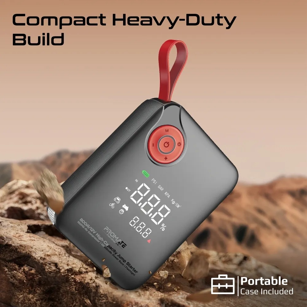 Promate 4-in-1 Emergency Car Jump Starter – 800A Peak Current, 150PSI Air Compressor, 10000mAh Power Bank, Dual USB & Type-C Ports, LED Flashlight | PatrolPack‑4 |