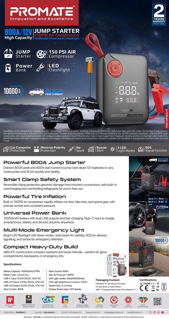 Promate 4-in-1 Emergency Car Jump Starter – 800A Peak Current, 150PSI Air Compressor, 10000mAh Power Bank, Dual USB & Type-C Ports, LED Flashlight | PatrolPack‑4 |