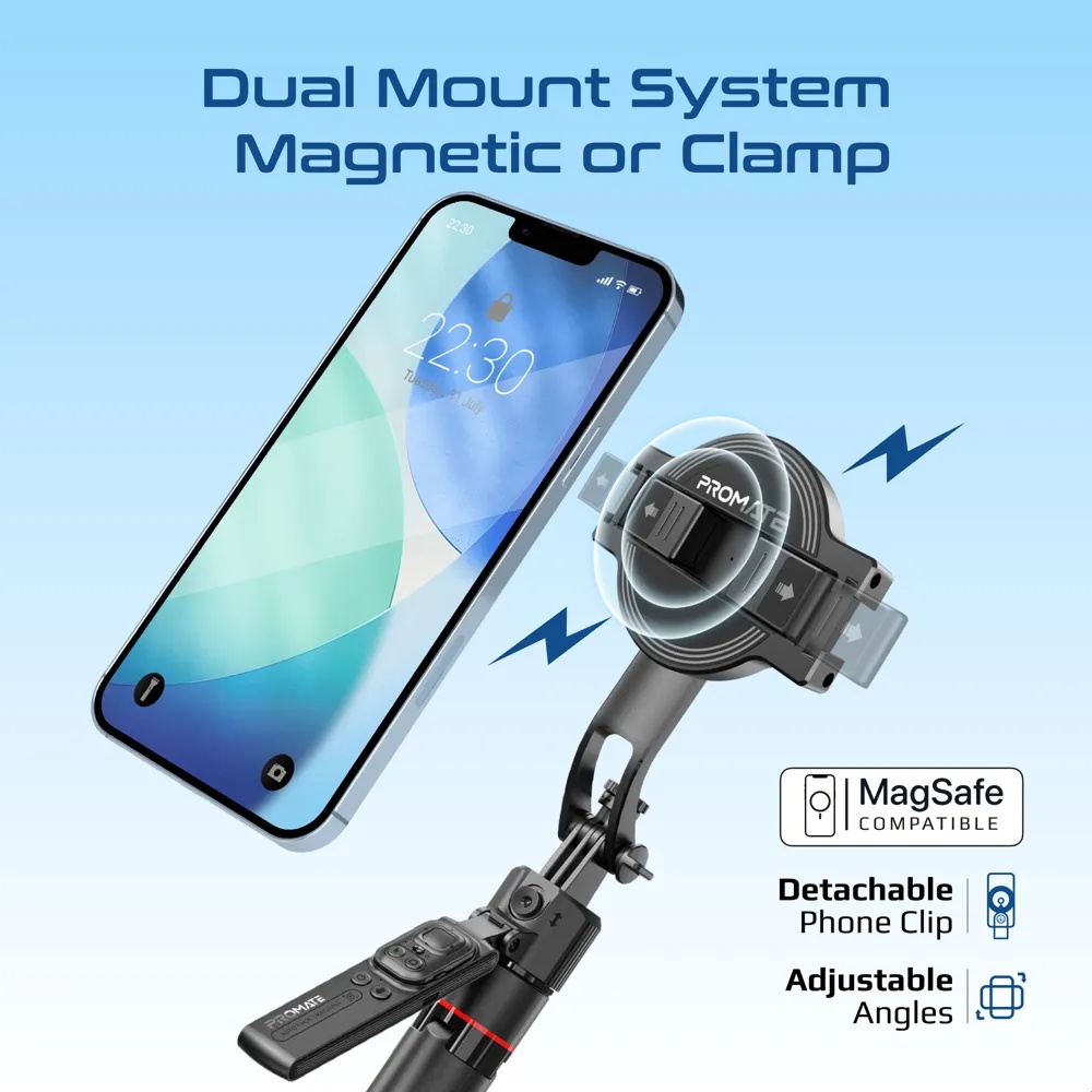 Promate Smart Tripod – 176cm Telescopic Rod, Auto‑Pop Base, 360° AI Face Tracking, Gesture Control, Dual Mount Clamp, Magnetic Bluetooth 5.4 Remote | TriPop‑Ai |