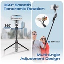 Promate Smart Tripod – 176cm Telescopic Rod, Auto‑Pop Base, 360° AI Face Tracking, Gesture Control, Dual Mount Clamp, Magnetic Bluetooth 5.4 Remote | TriPop‑Ai |