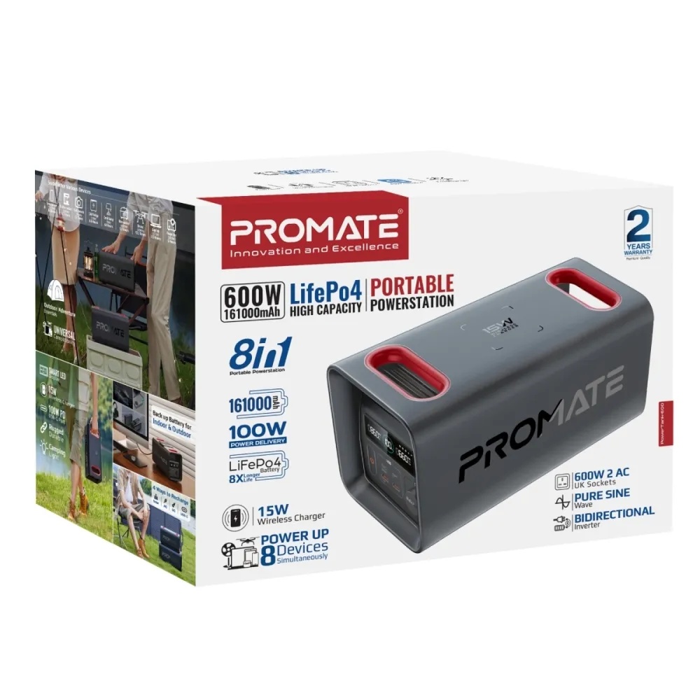 Promate Portable Power Station – 600W Output, 161000mAh LiFePO4 Battery, PD100W, 30W USB‑C, Dual AC, QC18W USB‑A, 15W Wireless Charging, Solar Input, Fast Recharge, Bluetooth App Control | PowerTank600 |