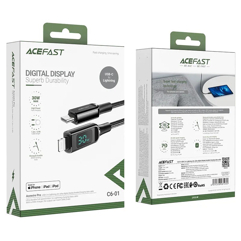 ACEFAST 1.2m USB‑C to Lightning Fast Charging & Data Cable – 30W PD, LED Display, Braided Design | C6‑01 |