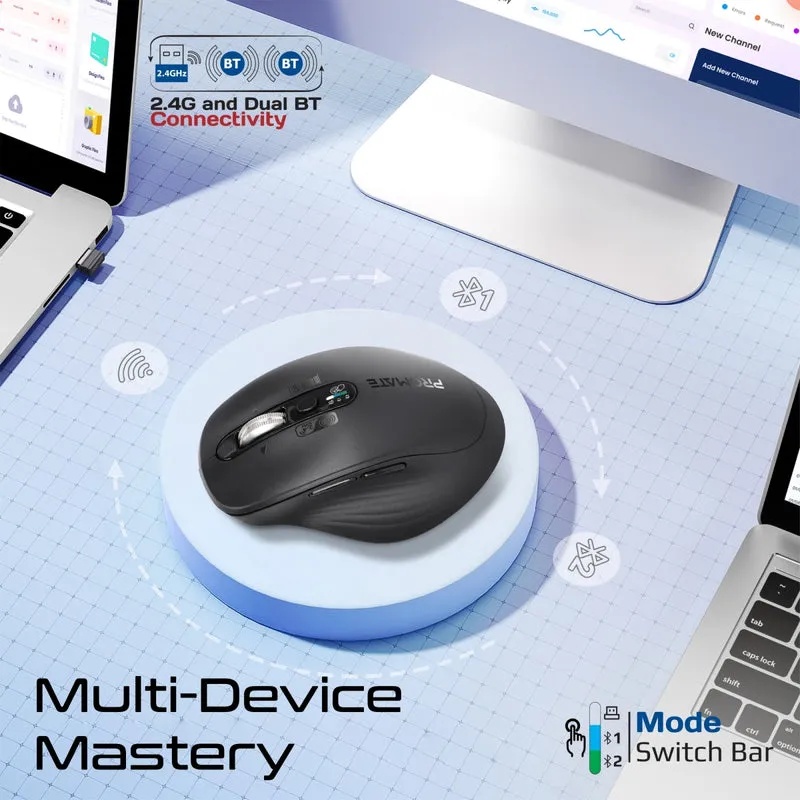 Promate Wireless Mouse – Tri-Connect (Bluetooth 5.0 + 2.4GHz), Rechargeable, Ergonomic Design, Multi-Device, 3200 DPI | SamoTri |