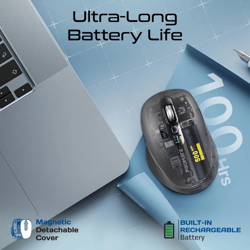 Promate Wireless Mouse – Tri-Connect (Bluetooth 5.0 + 2.4GHz), Rechargeable, Ergonomic Design, Multi-Device, 3200 DPI | SamoTri |