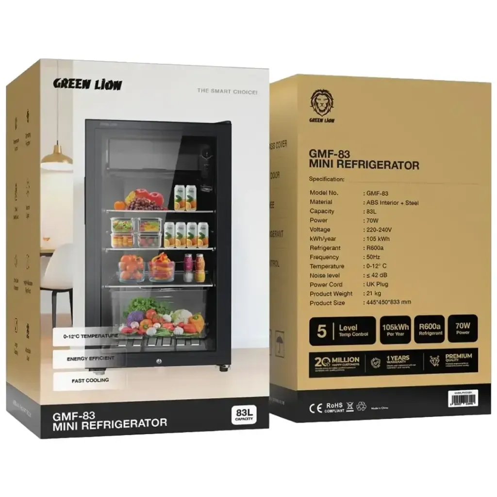Green Lion GMF83 Mini Refrigerator – 83L Capacity, Quiet Operation, Eco-Friendly, Adjustable Shelves, Sleek Black Design | GMF83 |