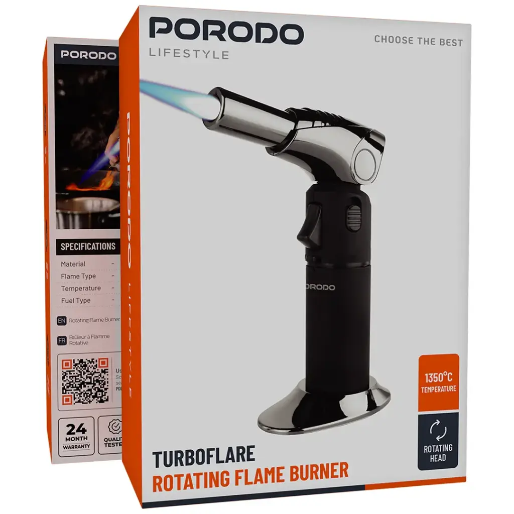 Porodo Lifestyle TurboFlare Rotating Flame Burner – 1350°C Adjustable Butane/Propane Refillable Torch Tool | PDLFSTWBGLBK |
