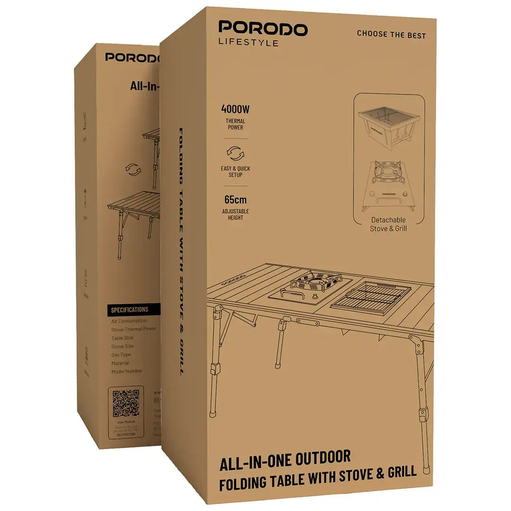 Porodo Lifestyle Outdoor Folding Table with Stove & Grill - 127×60×40 cm, Adjustable Height 65 cm, Gas Compatible | PDLFSTHGFT28BK |