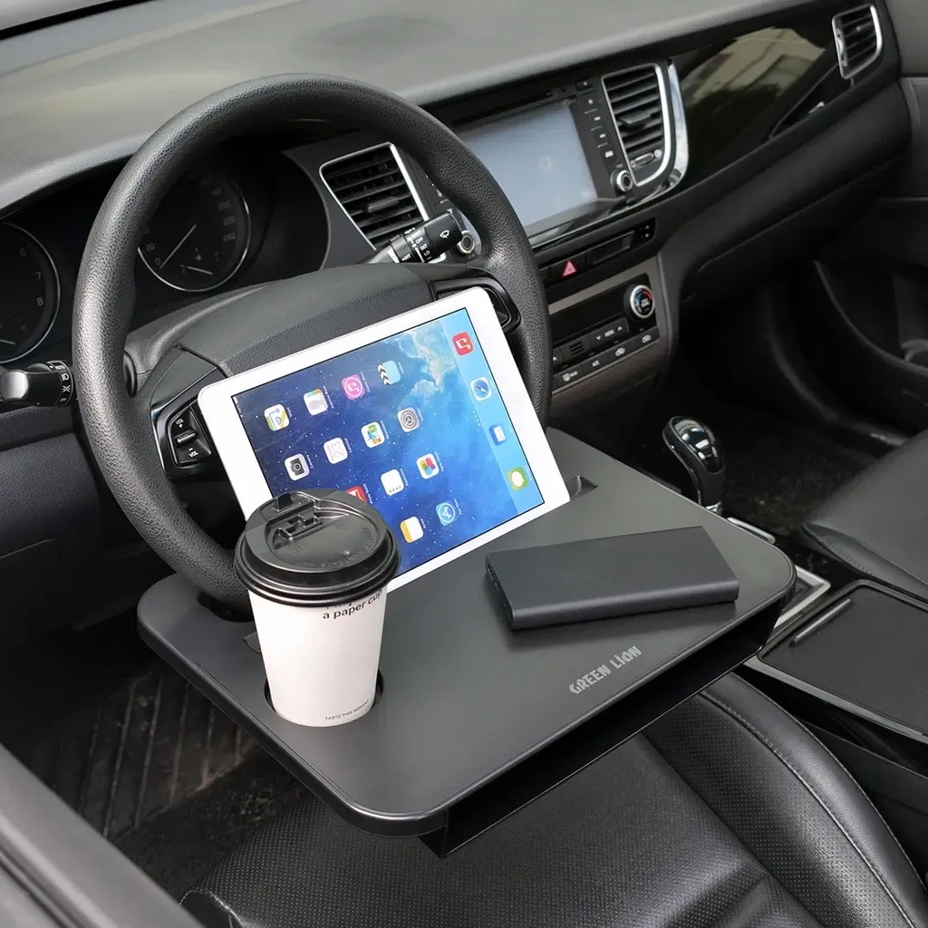 Green Lion Multi-Function Steering Wheel Tray – Car Workstation & Dining Table, Fits 35‑42mm, Laptop/Tablet/Cup Holder | GNMUSTETRYBK |