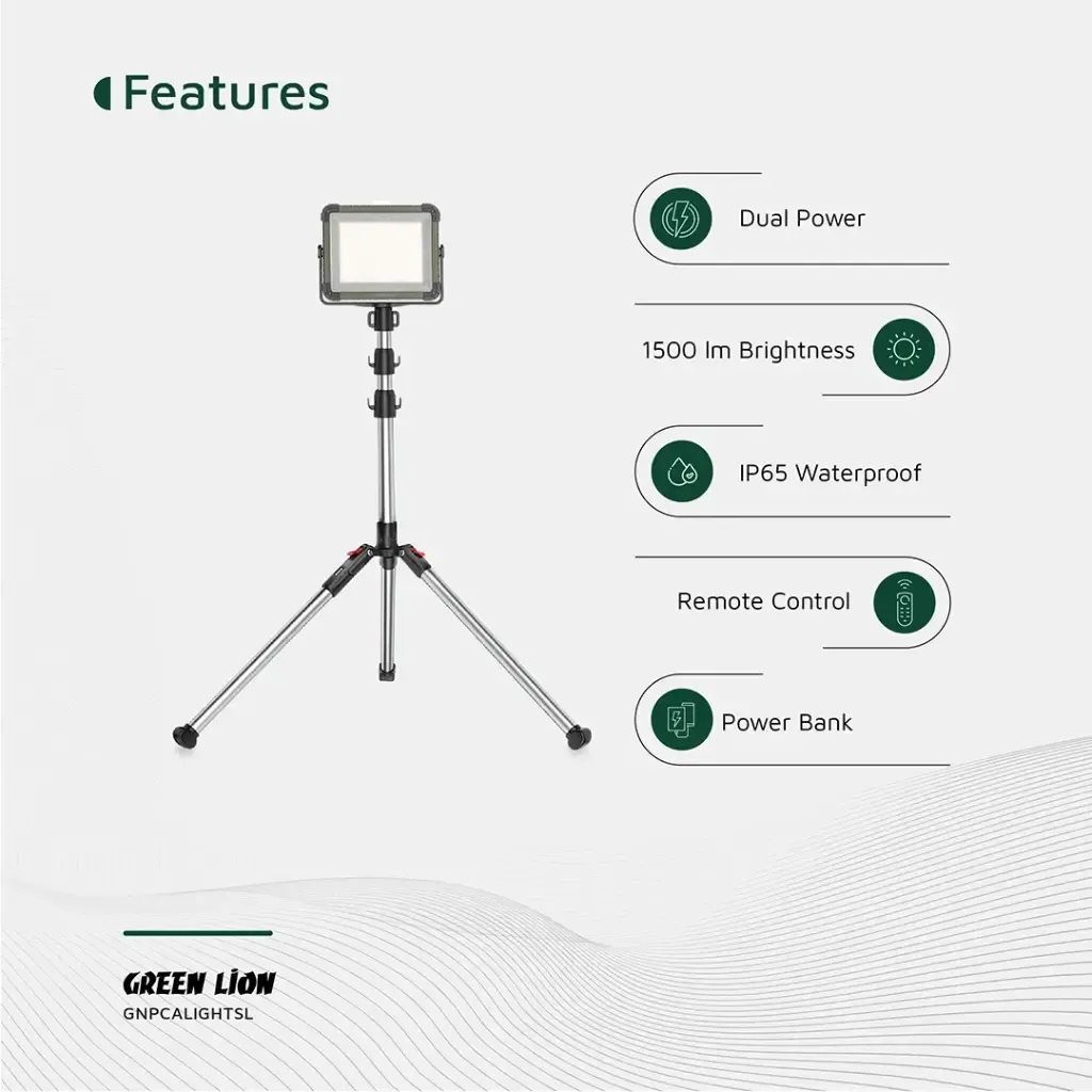 Green Lion Solar Camping Light – 25W LED, 1500lm, 7200mAh, 210cm Tripod, 360° Rotation, IP65, Type-C & Solar Input | GNPCALIGHTSL |
