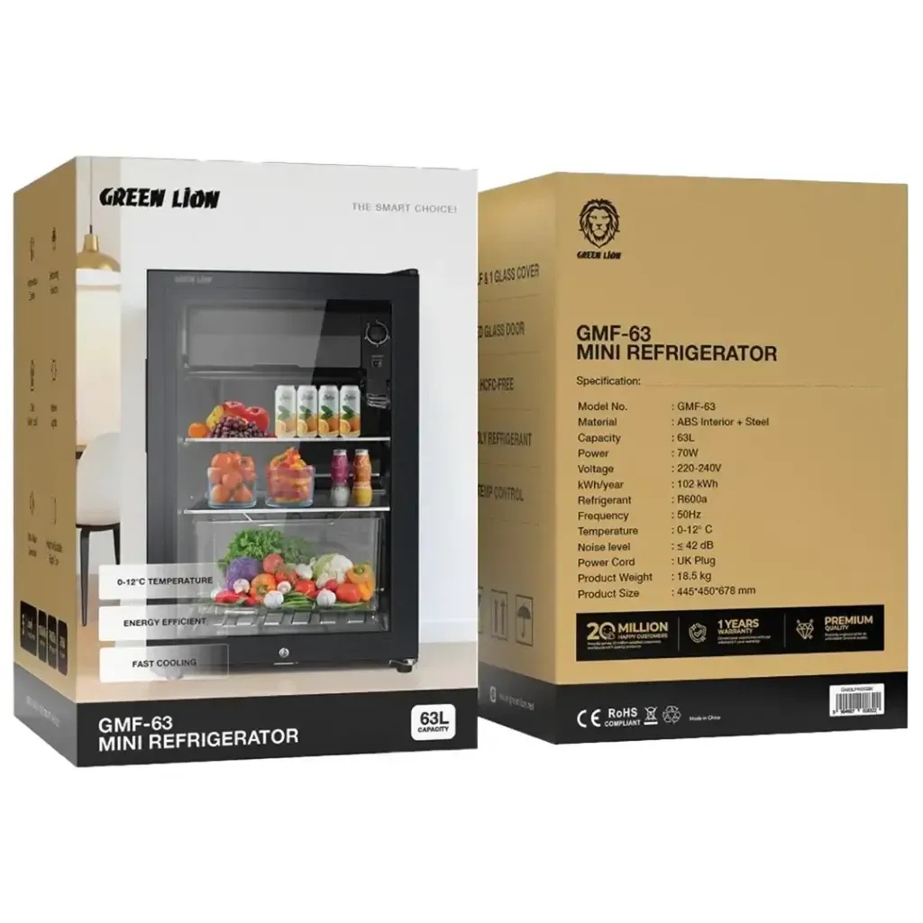 Green Lion 63L Mini Refrigerator – Compact Black Single Door, Energy Saving, Fast Cooling, Quiet Operation | GMF63 |