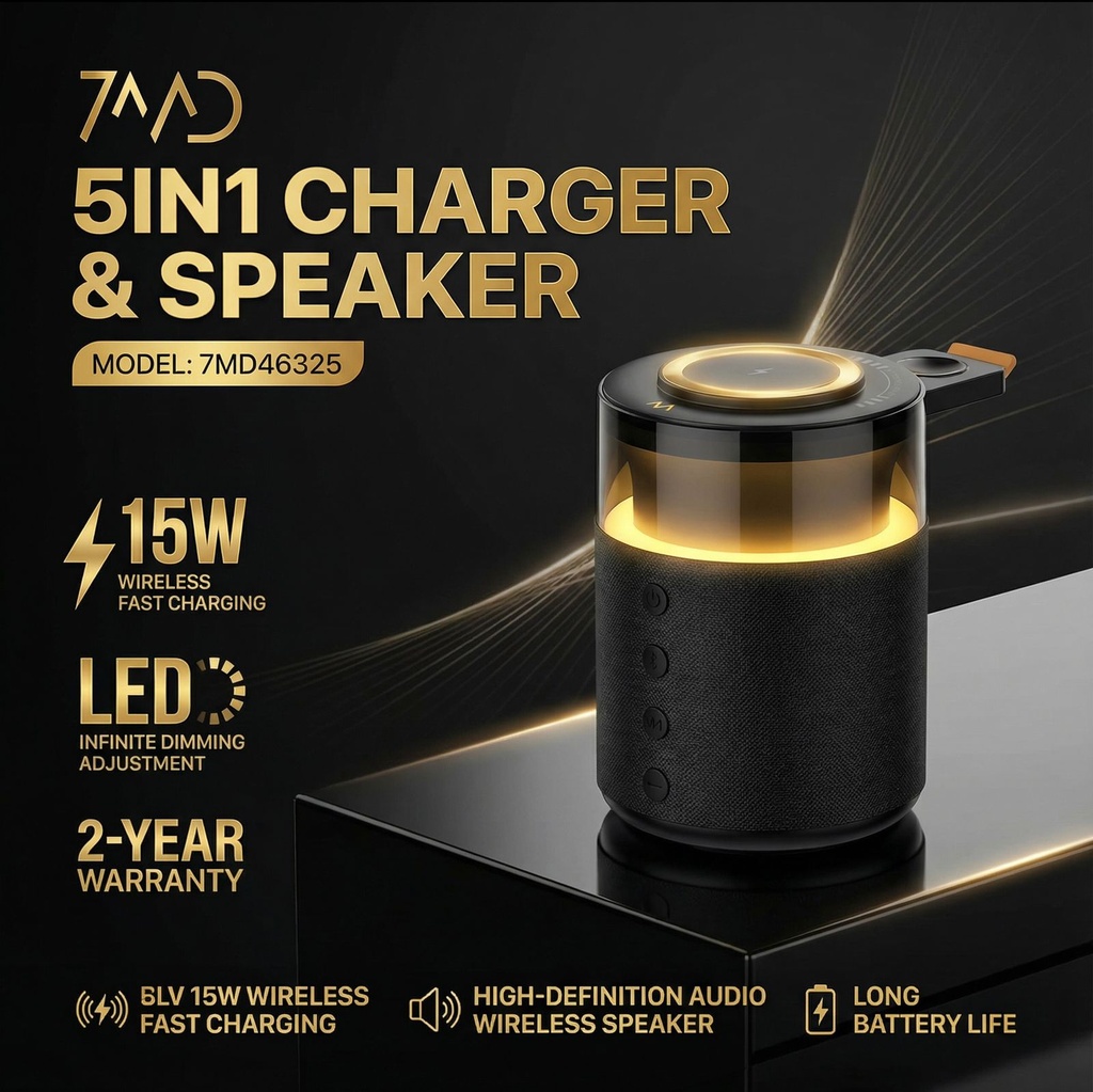 7MD 5-in-1 Wireless Charger & Bluetooth Speaker – 15W Fast Charging Dock for Mobile Phones, Earphones & Watches, LED Dimming Light, 360° Stereo Sound, 1800mAh Battery, Model | 7MD46325 |