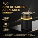 7MD 5-in-1 Wireless Charger & Bluetooth Speaker – 15W Fast Charging Dock for Mobile Phones, Earphones & Watches, LED Dimming Light, 360° Stereo Sound, 1800mAh Battery, Model | 7MD46325 |