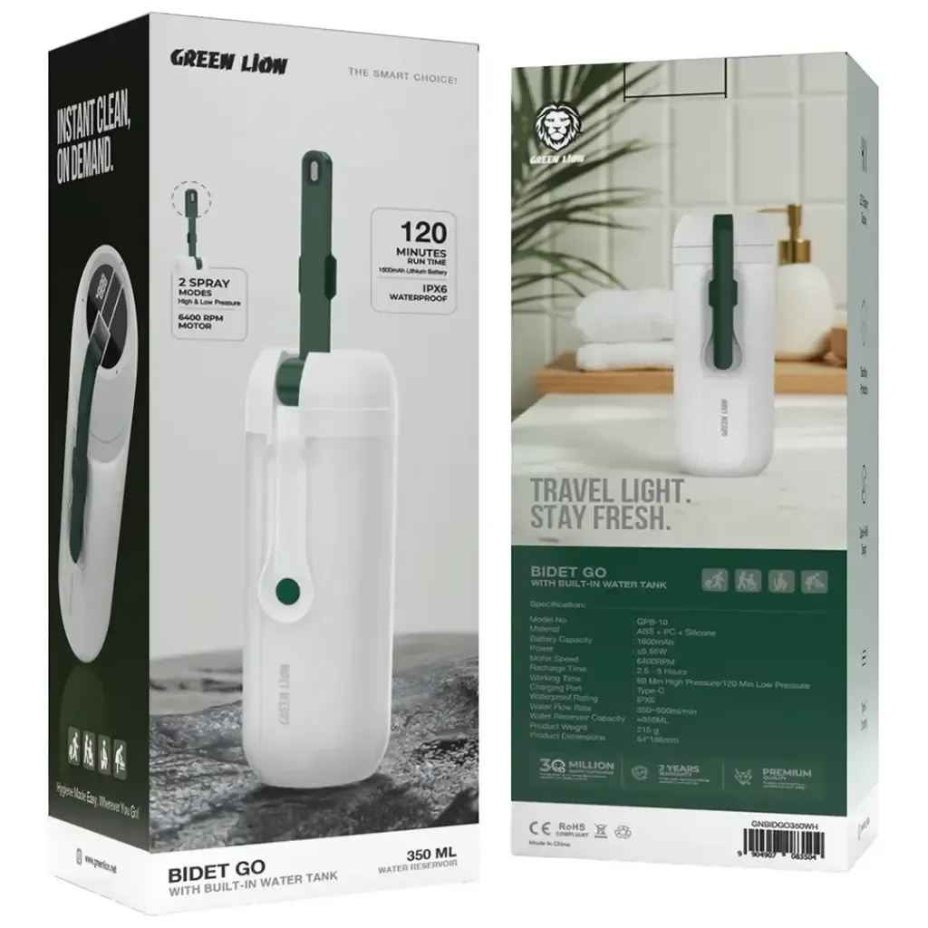 Green Lion Bidet Go with Built-In Water Tank – 350ML Portable Electric Travel Bidet, Dual Spray Modes, IPX6 Waterproof, USB Rechargeable | GNBIDGO350WH |