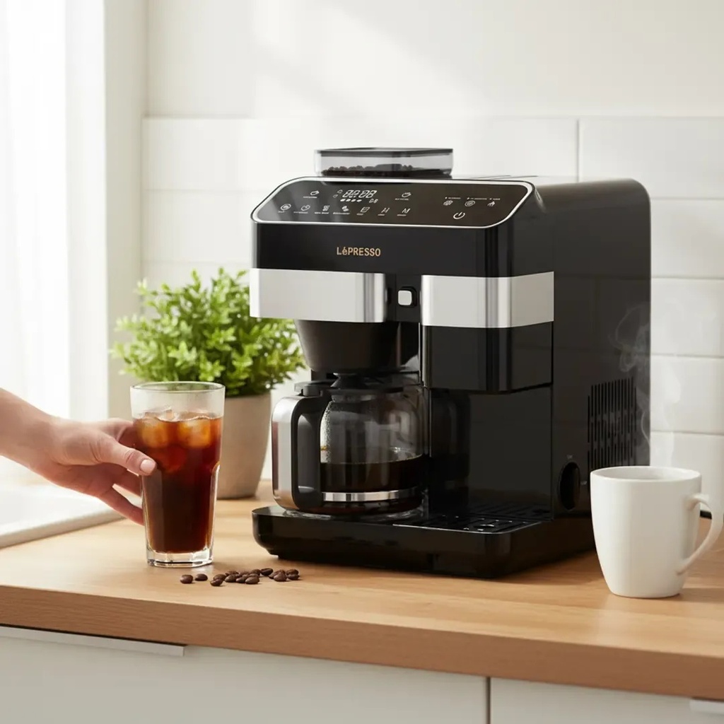 LePresso Americano Pro – Ice & Hot Coffee Machine, 1300W, Smart Touch Control, Built-in Grinder, UK Plug | LPYKFM12D03BK |