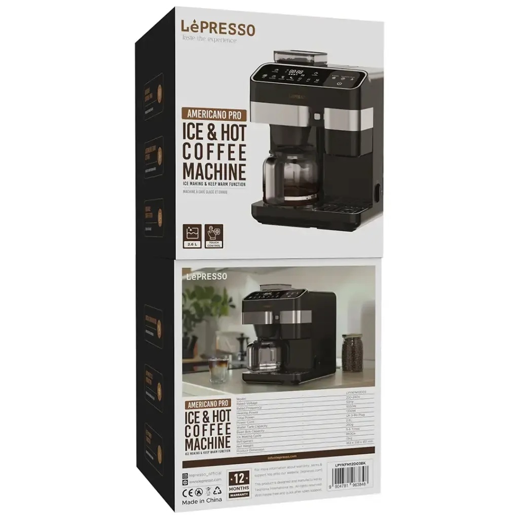 LePresso Americano Pro – Ice & Hot Coffee Machine, 1300W, Smart Touch Control, Built-in Grinder, UK Plug | LPYKFM12D03BK |